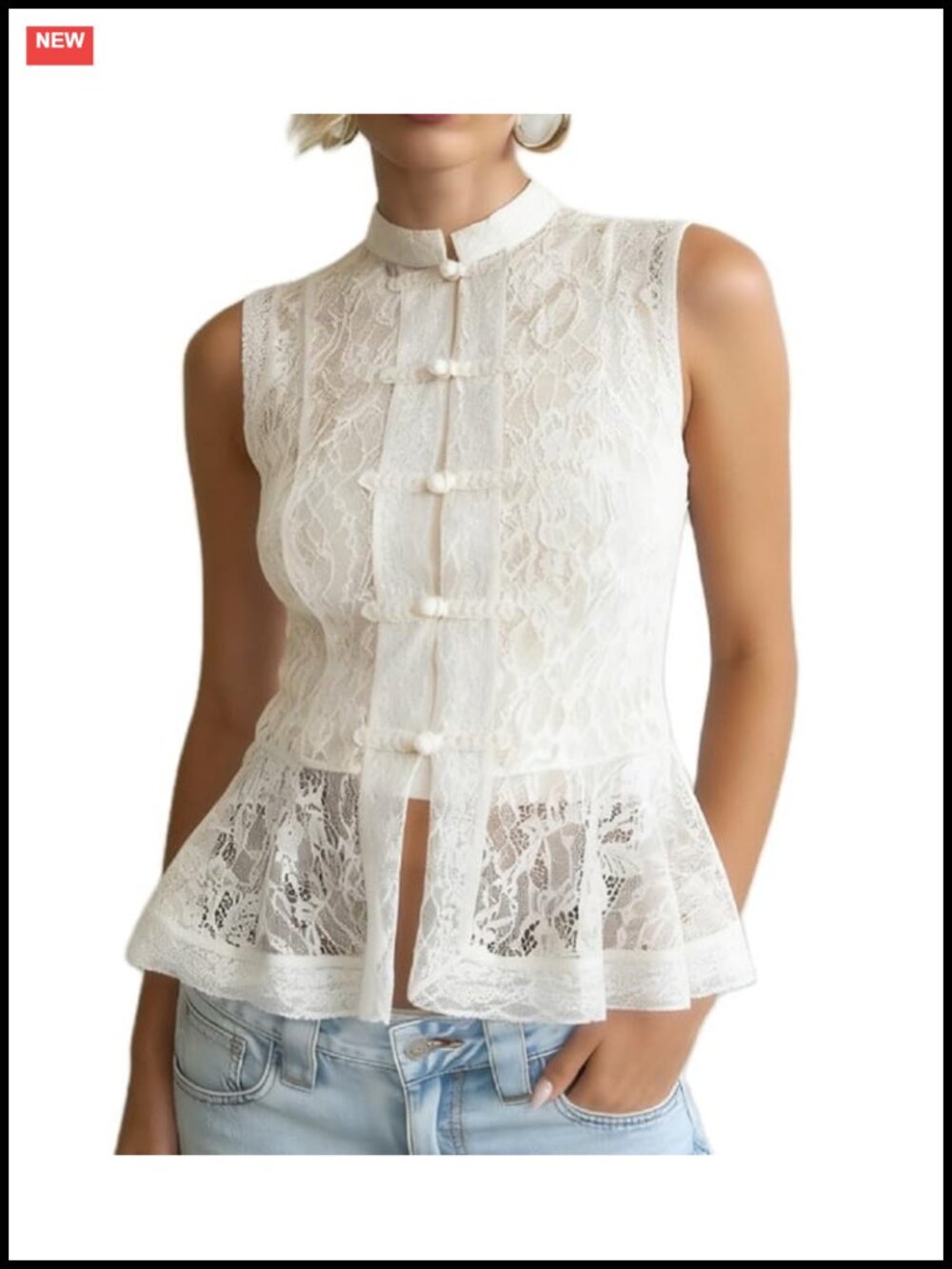 Sleeveless Lace Tank Top Mandarin Collar Chinese Knot Fitted Crop Top